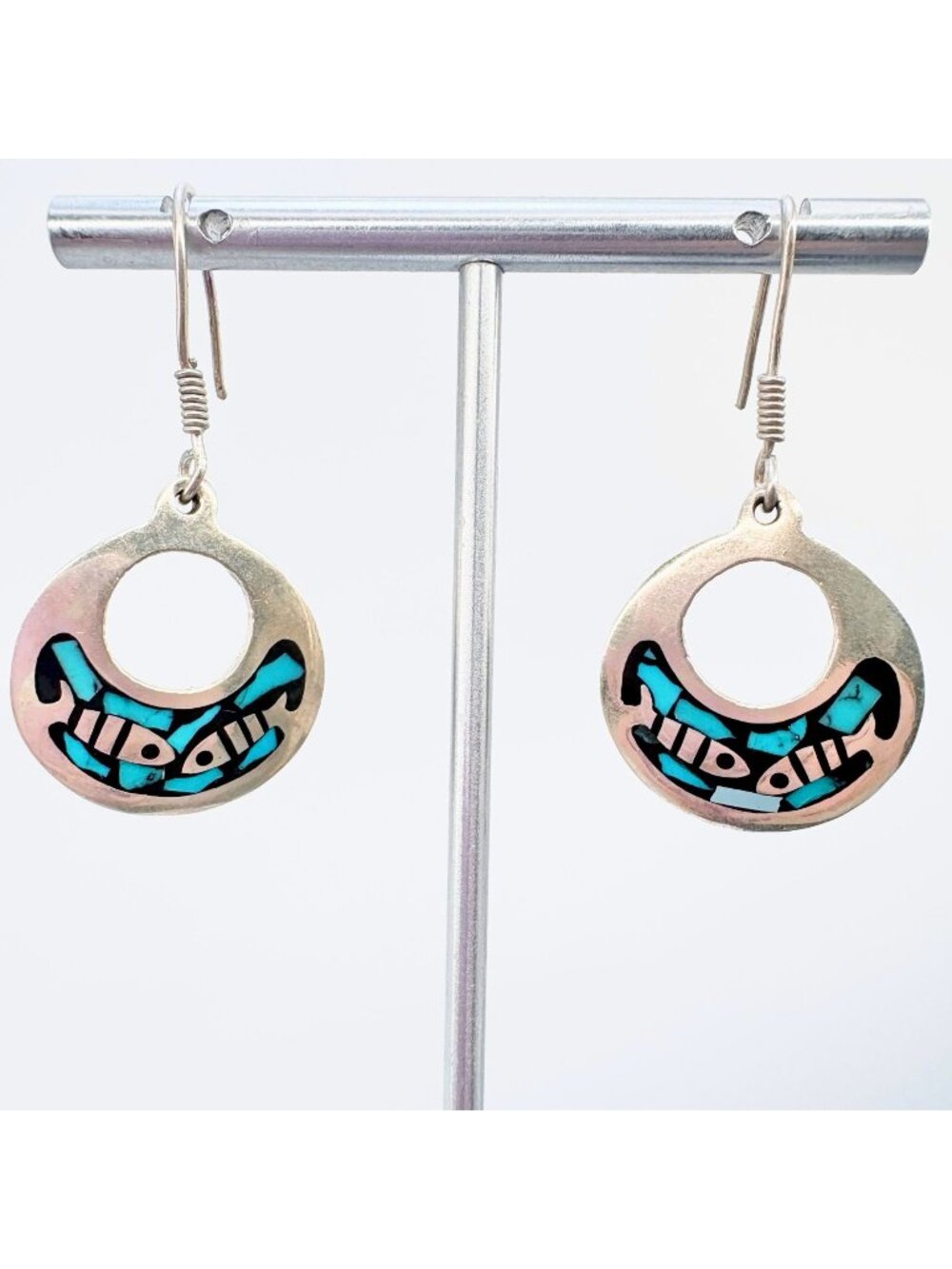 Turquoise & Onyx Inlay Dangle Earrings Sterling Silver 925 Size 1.75" Length